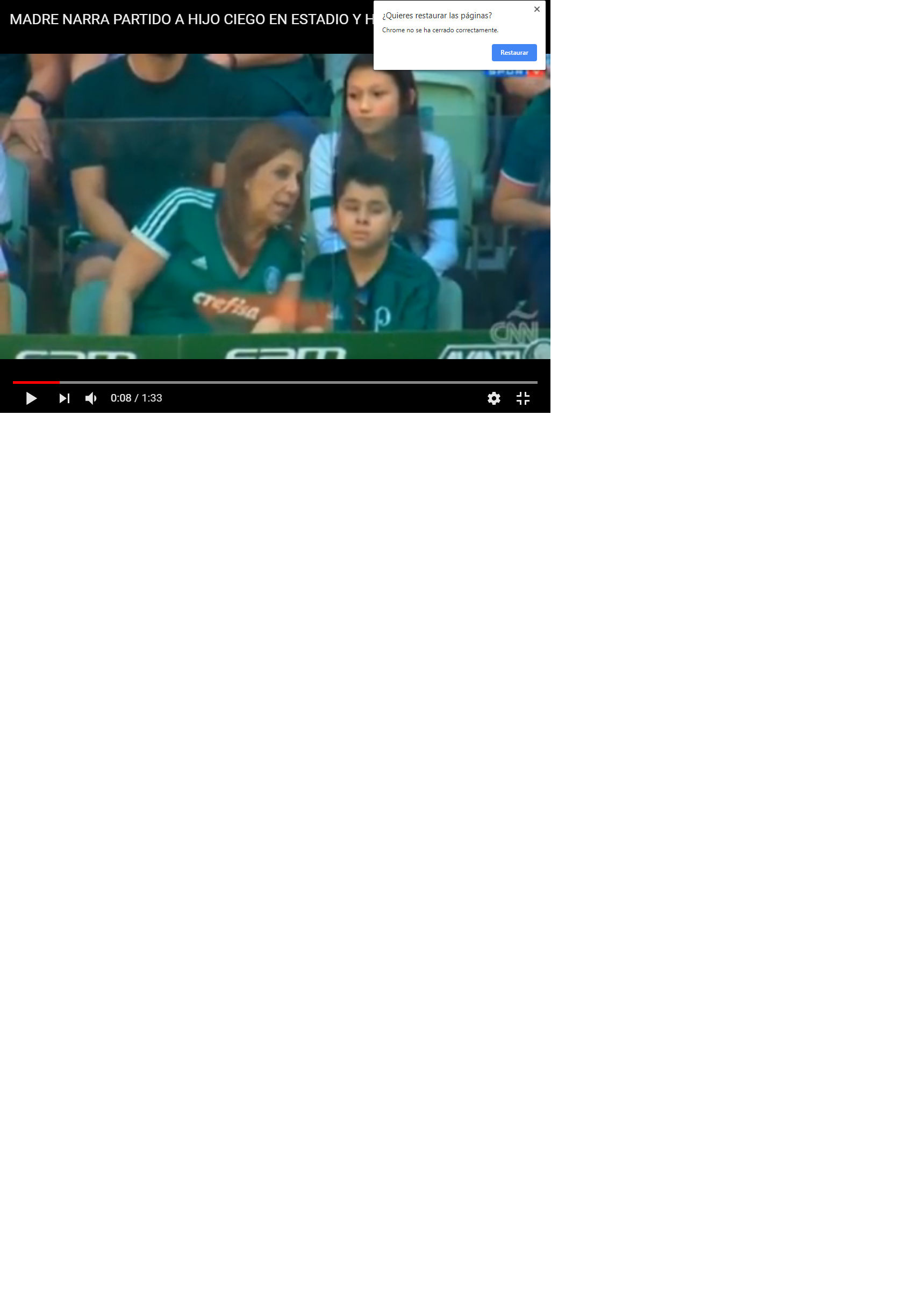 Captura de imagen en Youtube, con la madre narrando el partido a su hijo invidente en pleno estadio