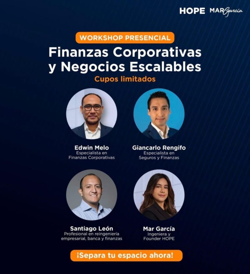 Flyer del evento "Finanzas Corporativas y Negocios Escalables"